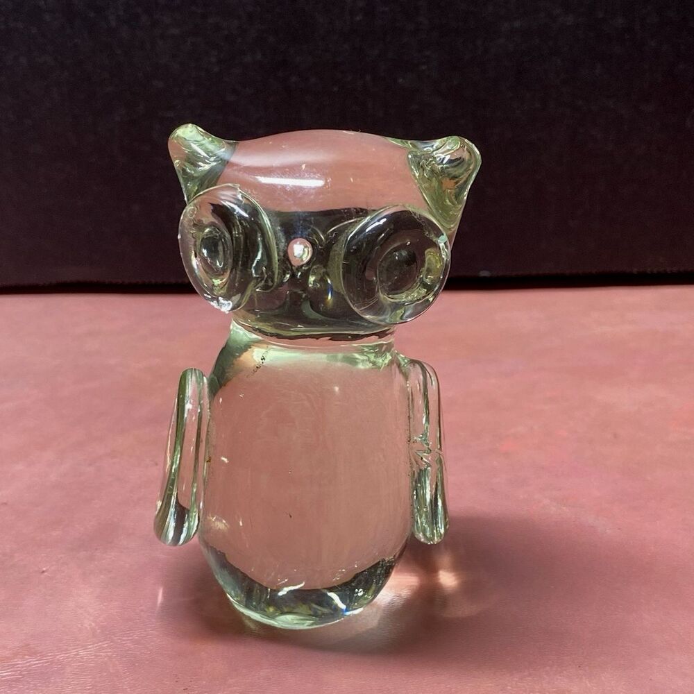 Action International Art Glass 3.5" Clear Owl Paperweight Standing Figurine Read